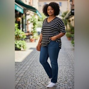 Time and Tru Black and White Striped V-Neck Tee